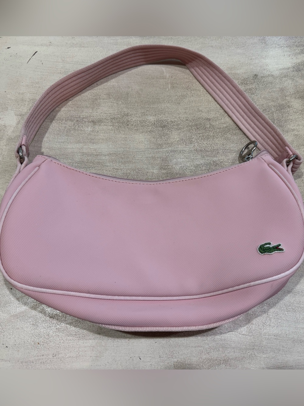 Lacoste Pink Crescent Shoulder Bag with Green Crocodile. Canvas. Unused. Cute!